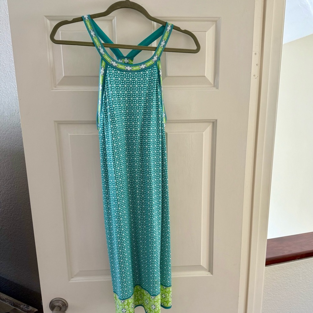Max Edition Teal and White Geometric Dress Open Shoulders Racerback Design.